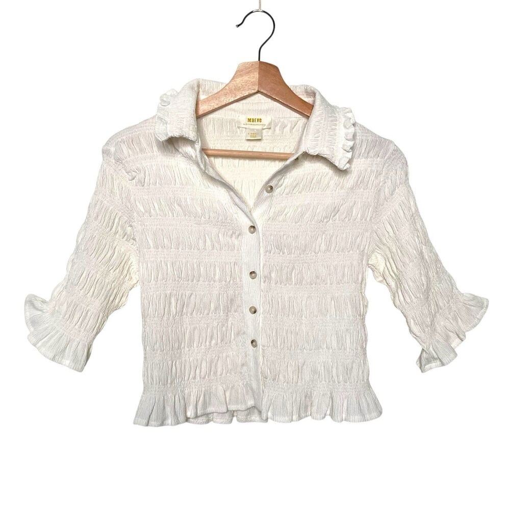 MAEVE Anthropologie Smocked Button Front Top XS Ivory Natural Cottagecore Chic - Picture 6 of 16